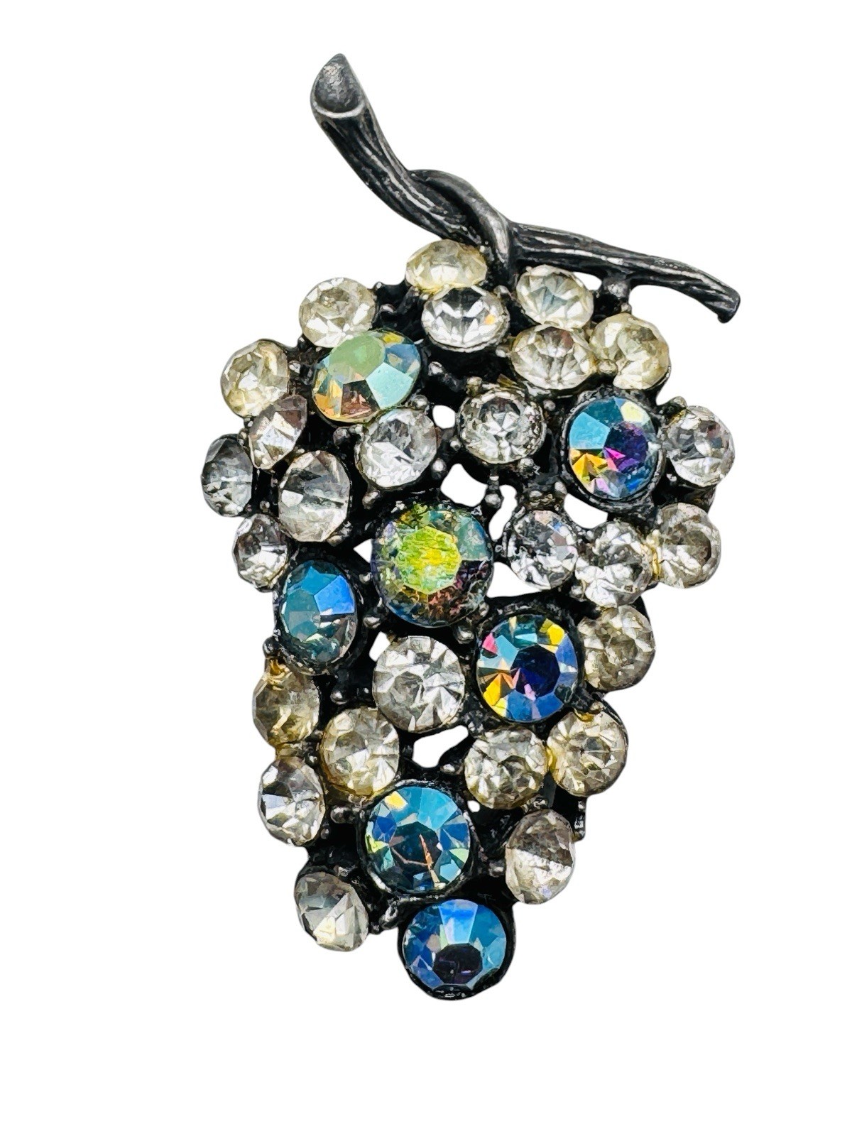 Vintage AB Rhinestone Grape Cluster Brooch Pin Silver Tone