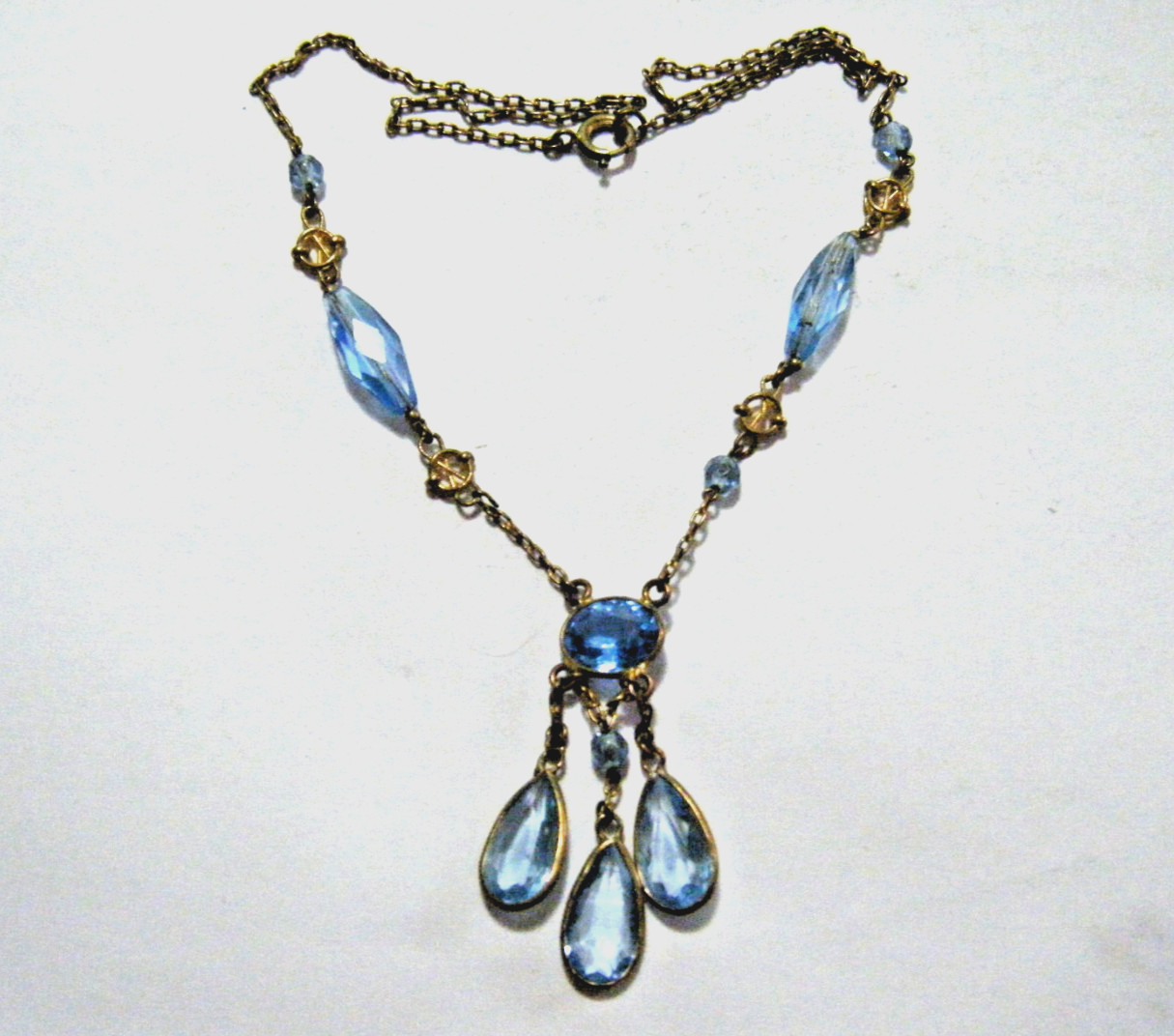 17″ Vintage 40s Czech Aqua Blue Crystal Gold Tone Festoon Lavalier Necklace