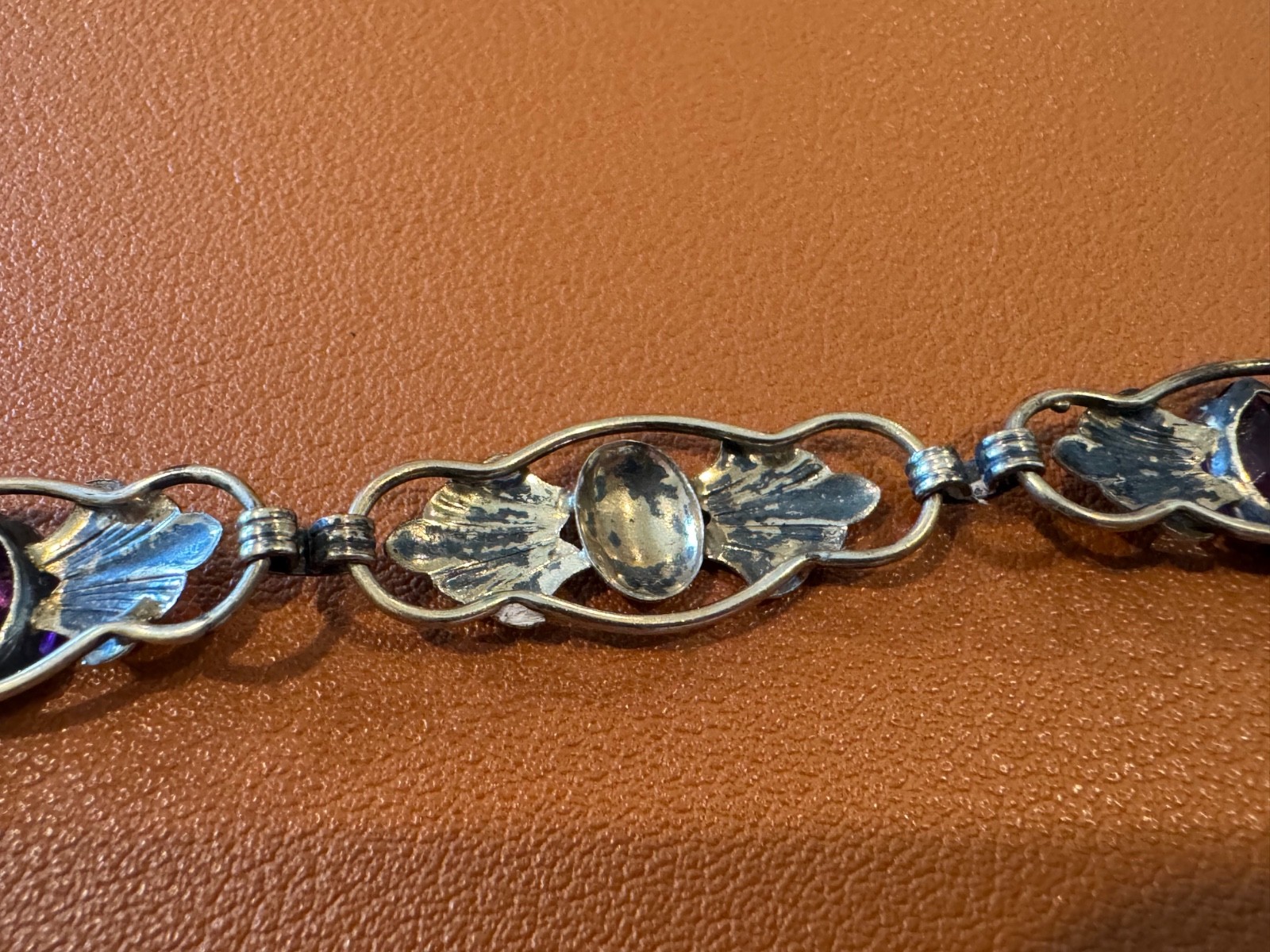 Vtg Antique Gold on Sterling Silver Bracelet w/ Faceted Purple Glass or Stones