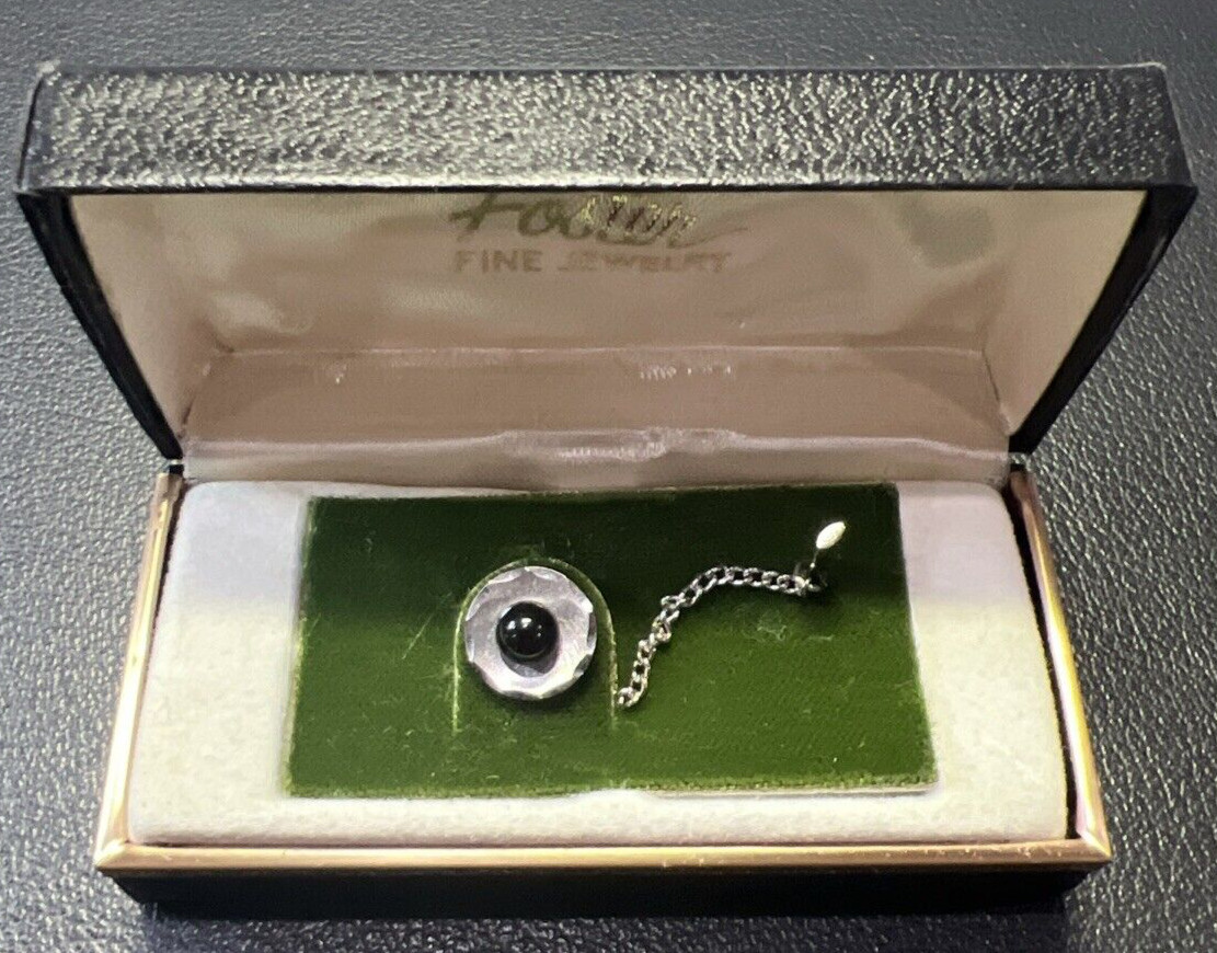 Vintage Foster Black Onyx Round 5mm Tie Tack Pin with Chain