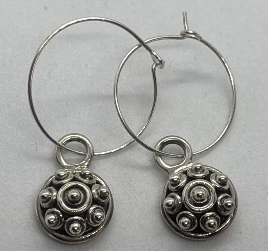 Vintage Sterling Silver Hoop Earrings Round Dangle Drop Raised Dots 5.9 Grams