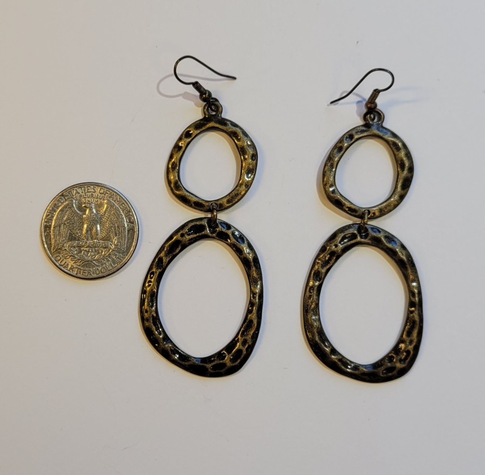 Antiqued Brass Hammered Texture Double Hoops Dangle Pierced Earrings Vintage