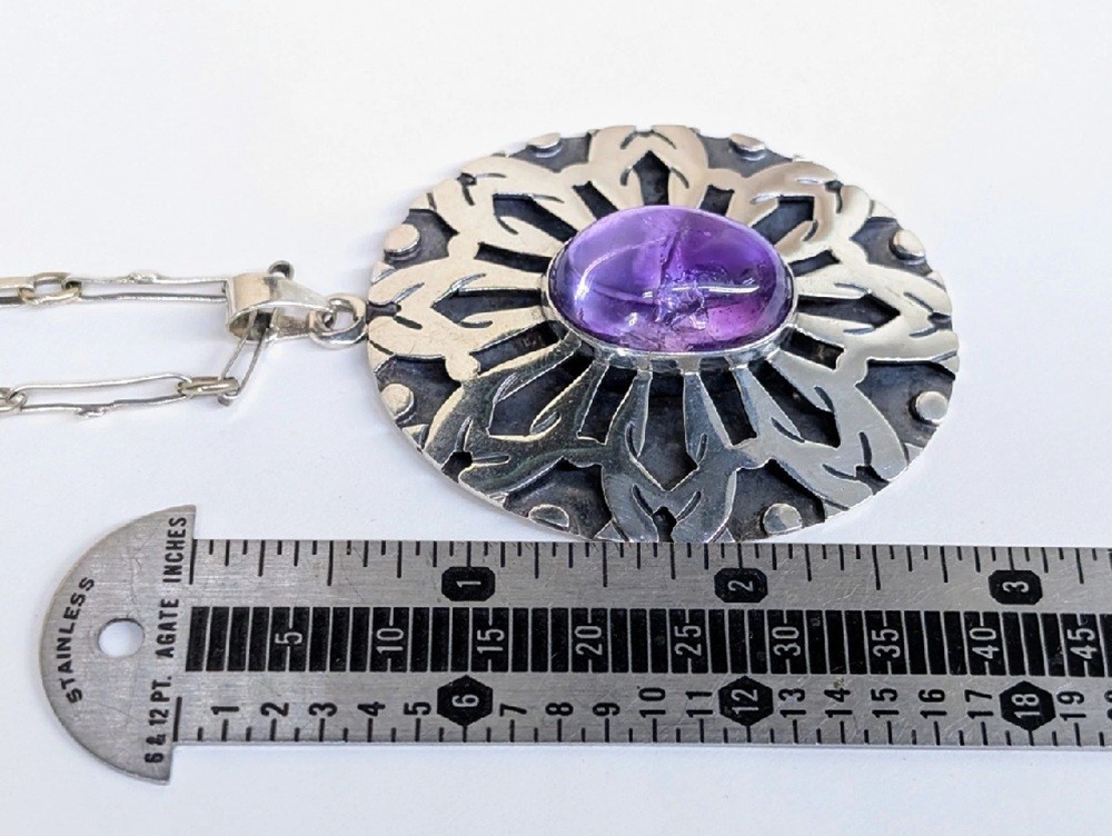 Large 2.88″ Vintage Native American Sterling Silver Cab Amethyst Pendant w Chain