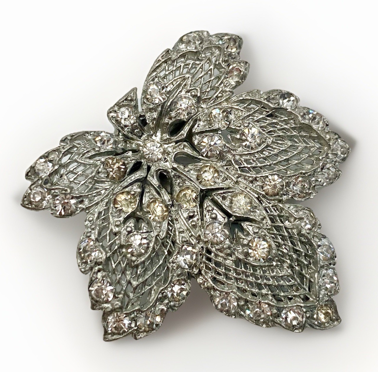 Vintage Rhinestone Dress Clip Leaf Fur Clip Silver Tone Filigree Bridal Brooch