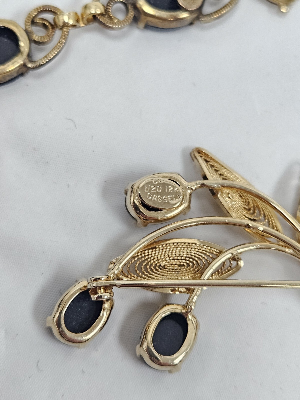 Vintage 12K Gold Filled Brooch/Pin & Bracelet Set Burt Cassell Onyx Stones