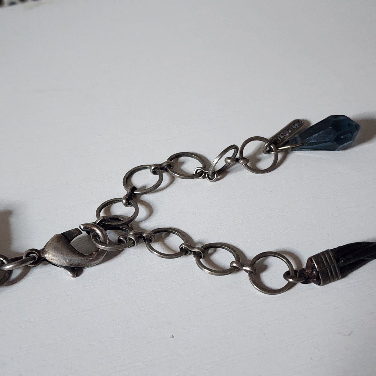 Vintage Van Galz Black Leather Multi Strand Necklace Blue Crystals Heart Charms