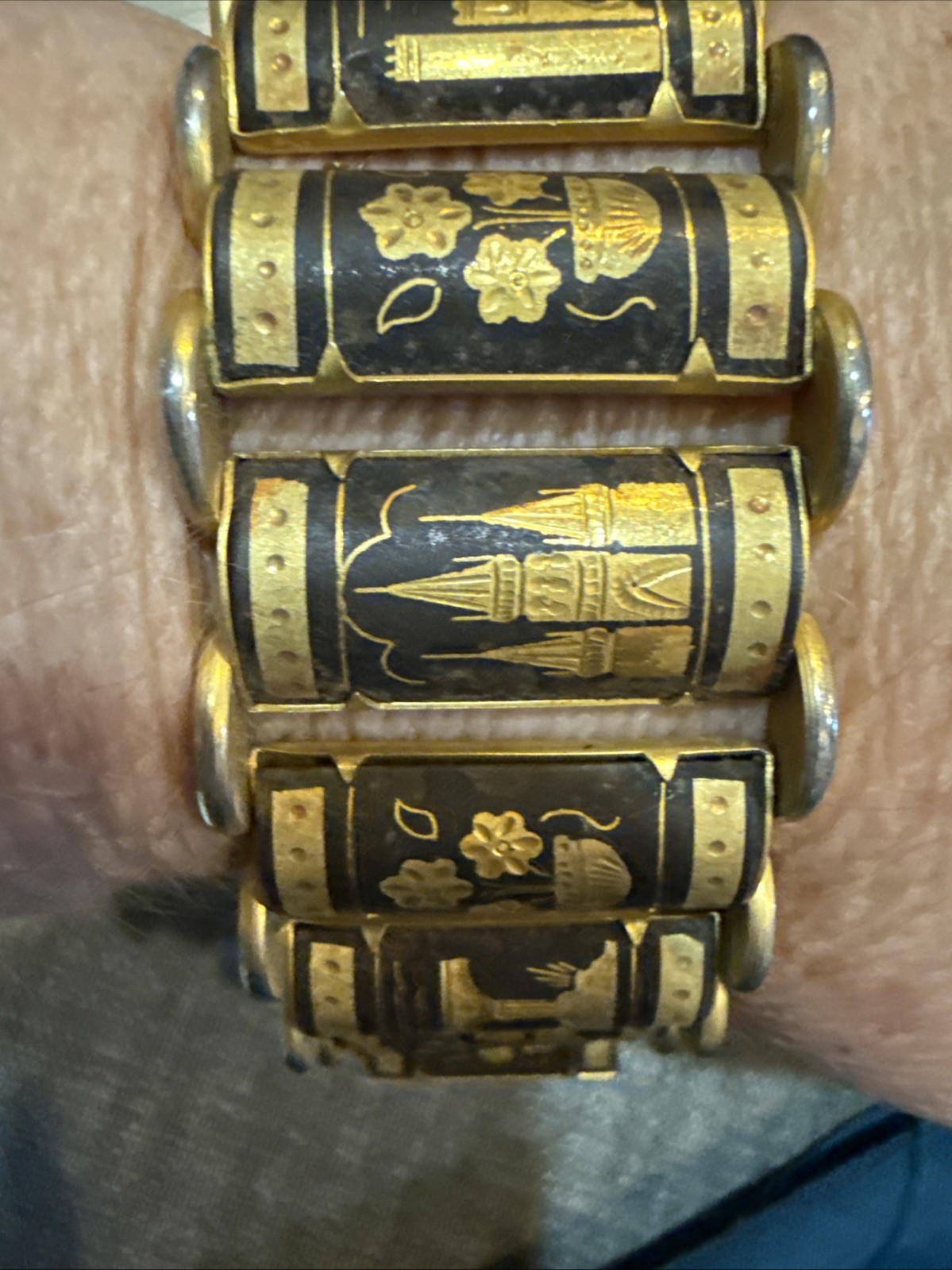 Vintage Spanish Damascene Bracelet Floral And Buildings