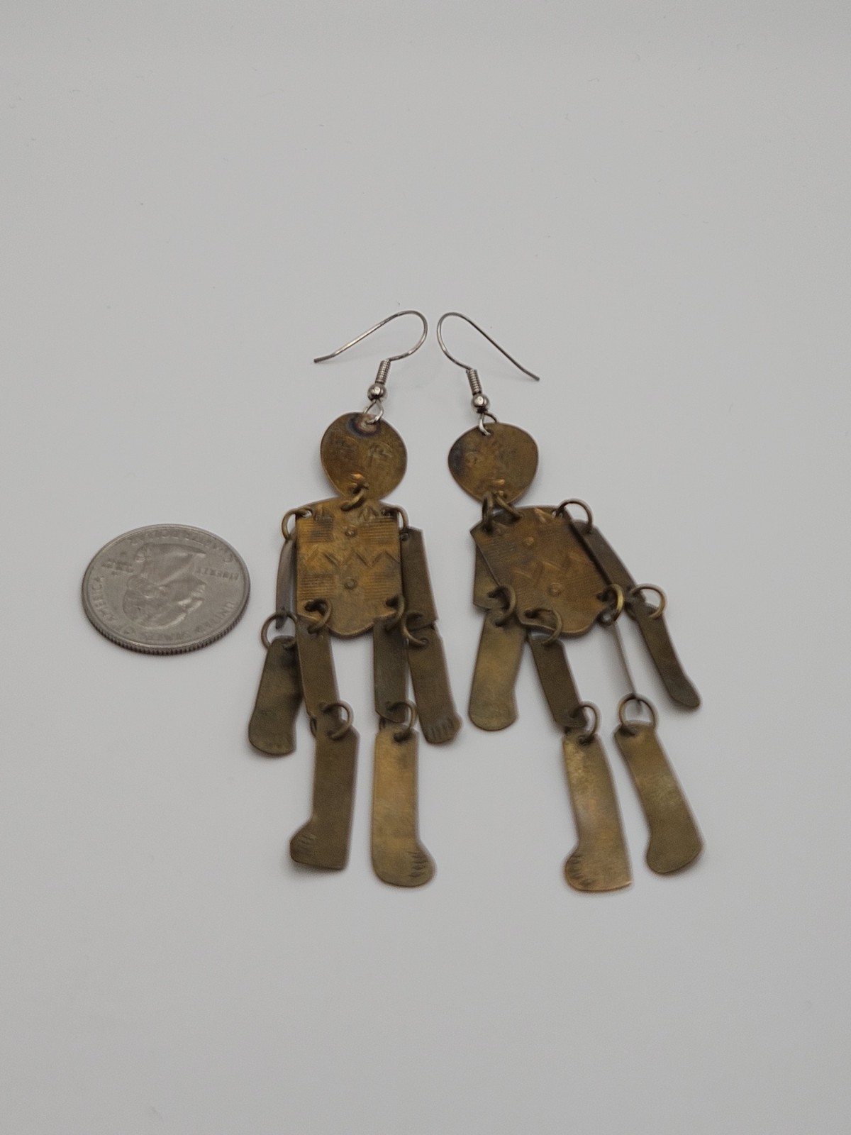 Vintage Brass Tone Articulated Man Person Dangle Earrings