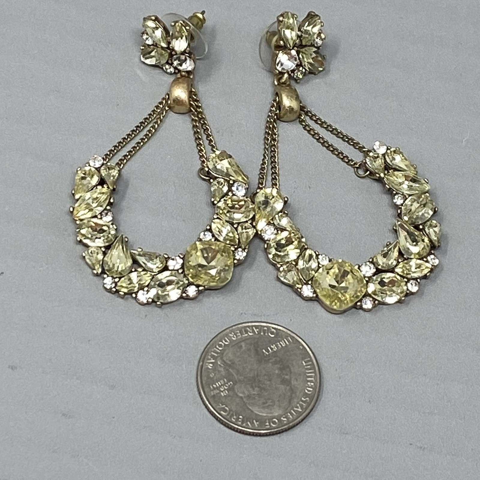 Rhinestone Earrings Chandier Dangle Drop Hoop Yellow Glass Pave Pierced 2.5″