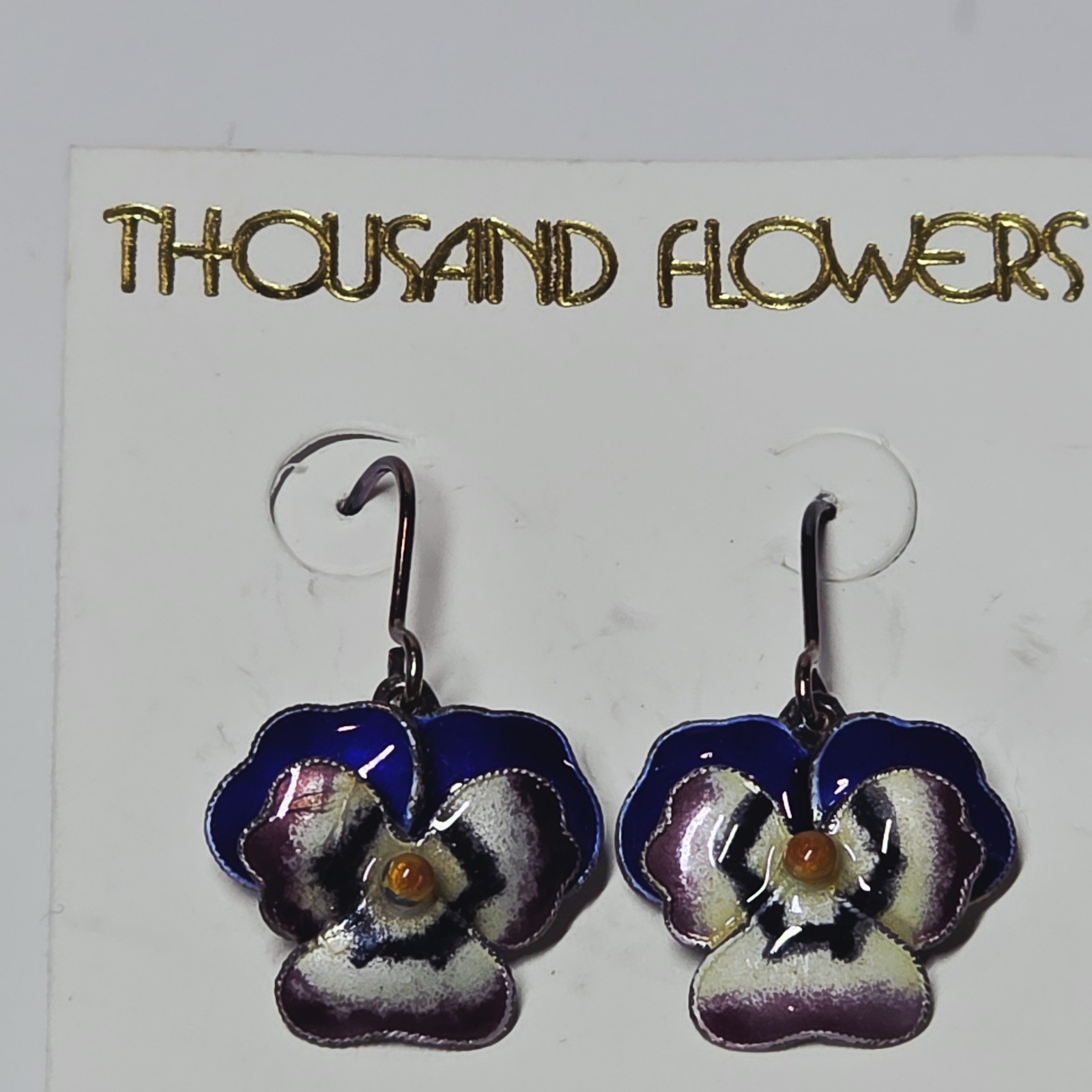 NEW Vintage Thousand Flowers Enamel Pansy Flower Sterling Silver Wire Earrings