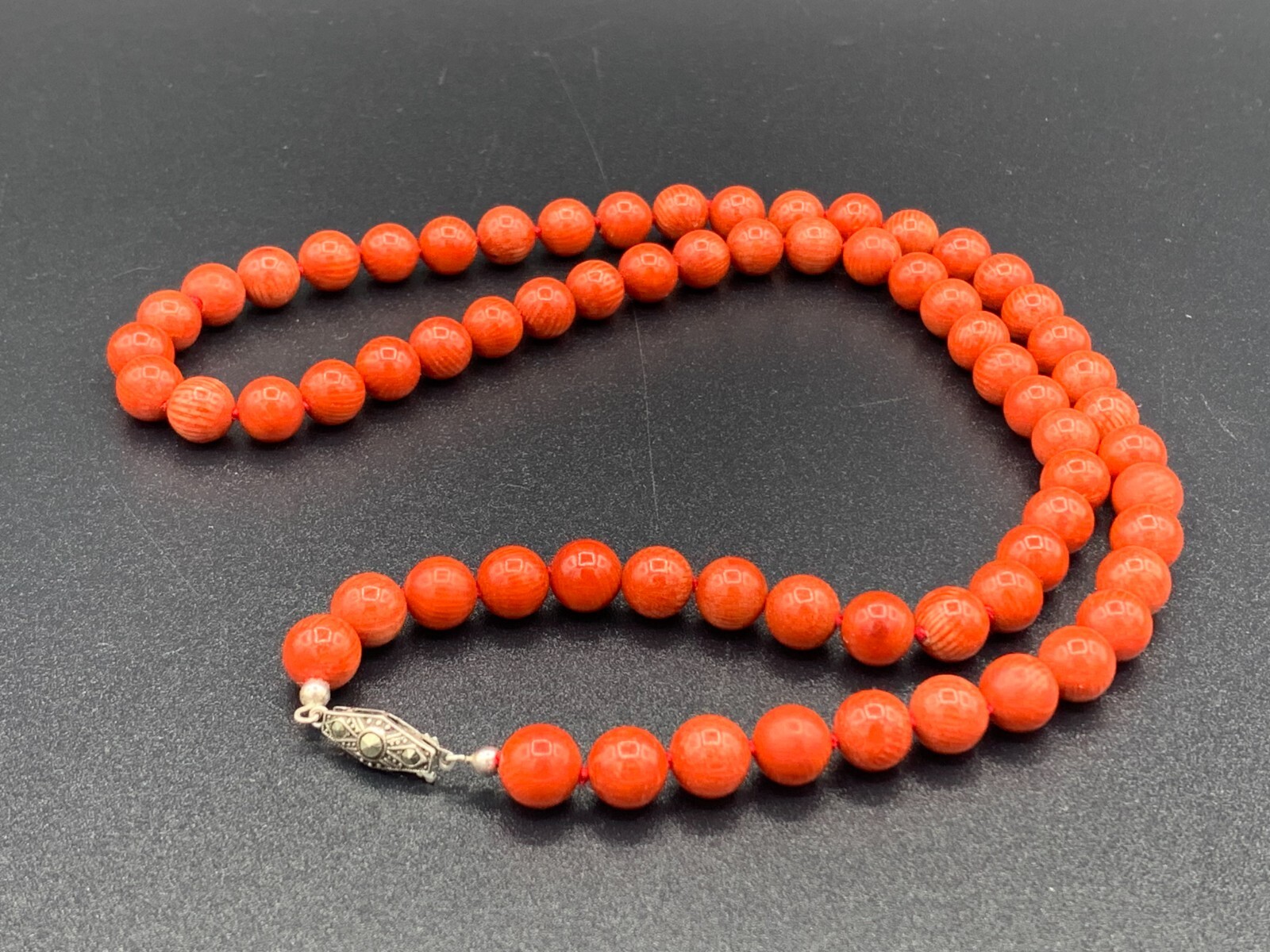 9mm Red Knotted Coral Beads Necklace W/ HB .925 Solid Silver Marcasite Clasp 72g