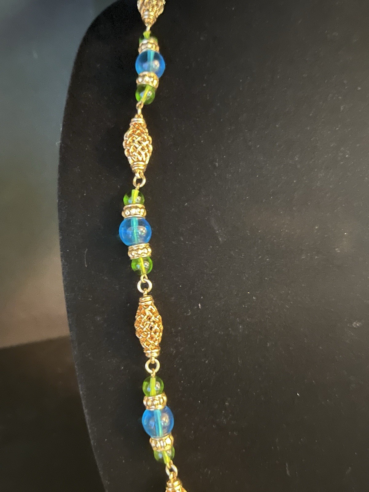 Sandra Miller Burrows(SMB) Gold-tone Filigree Necklace with Blue and Green Beads