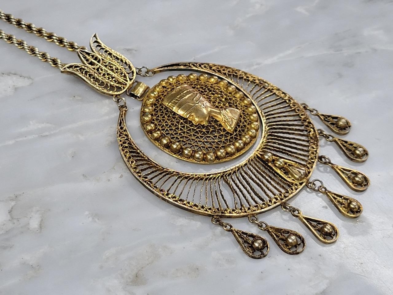 GP Sterling Silver Filigree Nefertiti Egyptian Necklace 24″ ~ 44g ~ 8-I781