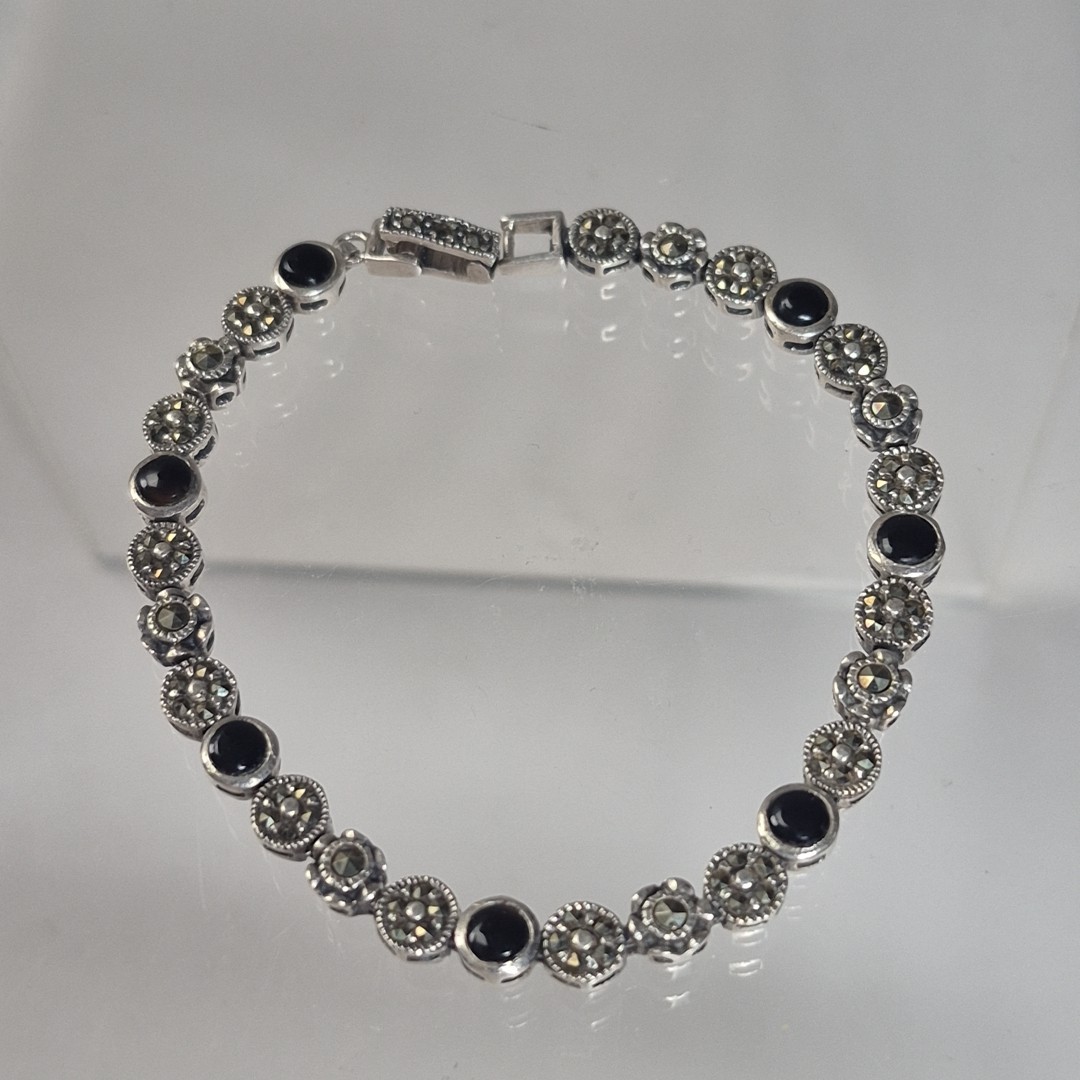 DBJ Vtg Sterling Silver 925 Marcasite Black Enamel Link Tennis Bracelet 7.5″