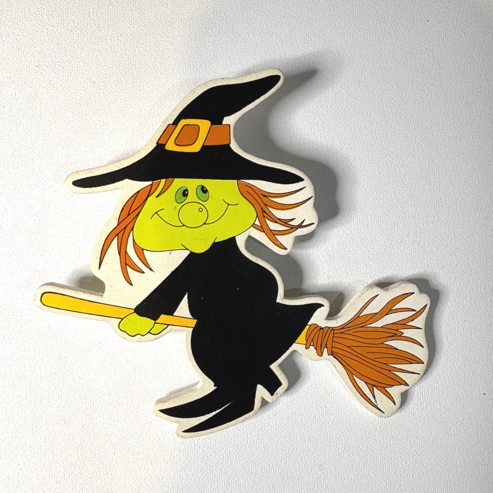Vintage brooch Halloween Witch Flying on Broomstick Pin Green Face Whimsical