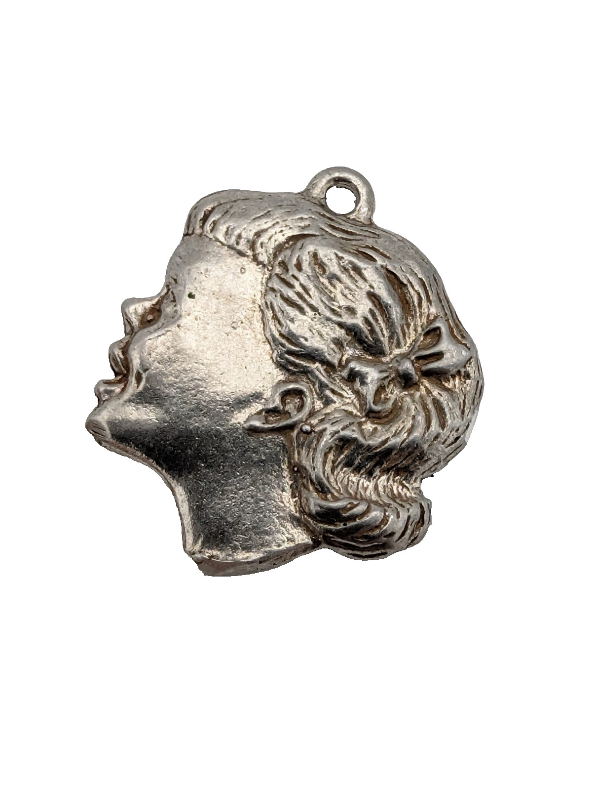 Vintage Silver Art Nouveau Portrait Charm 18mm Young Woman Profile, Hair Relief