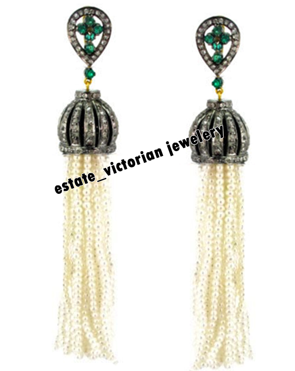 3.75Ctw Rose cut Diamond Gemstone Silver Vintage Stunning Tassel Earring Jewelry