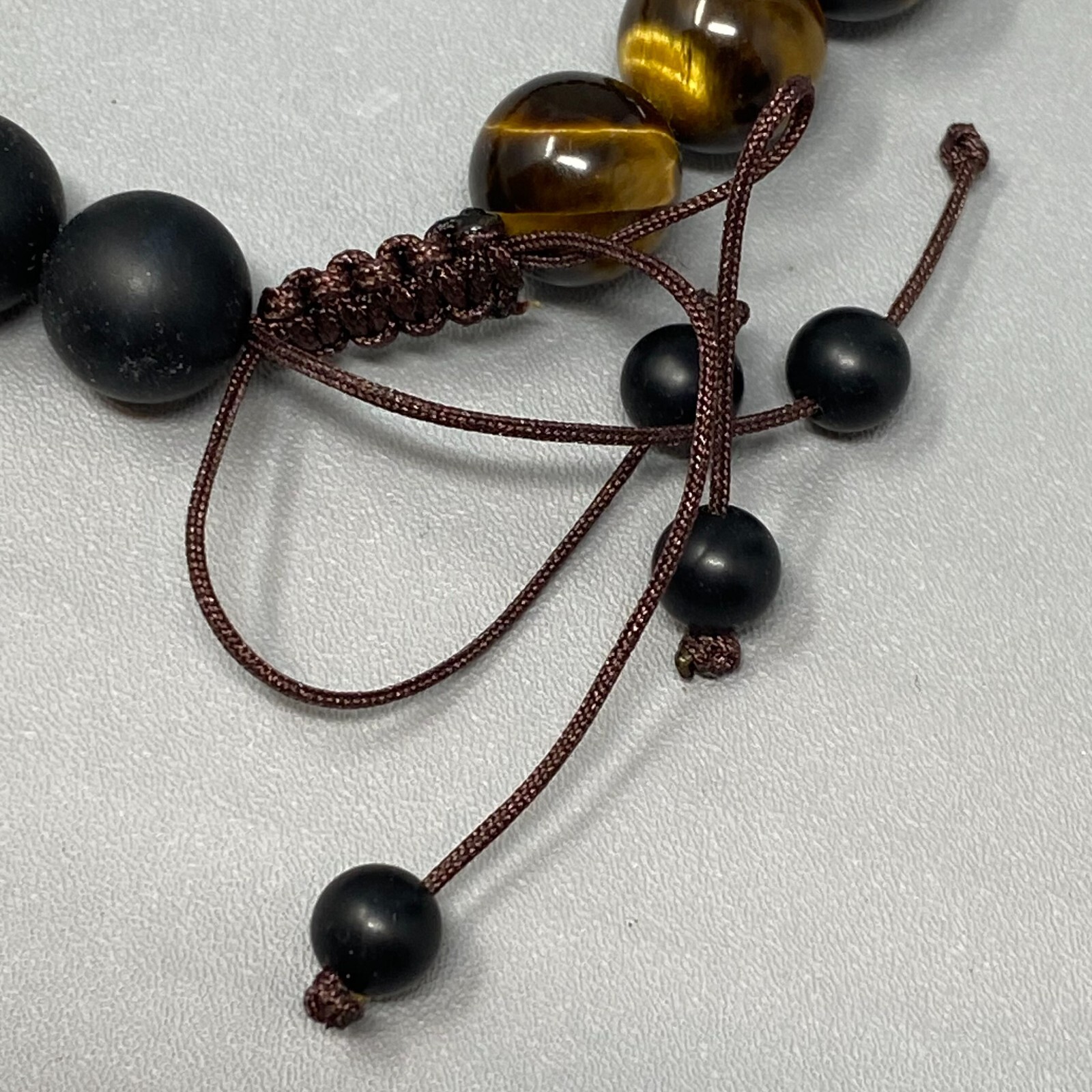 Mixed Stone Bracelet Gold Tigers Eye Black Matte Beads Buddha Head Slide 7-8″