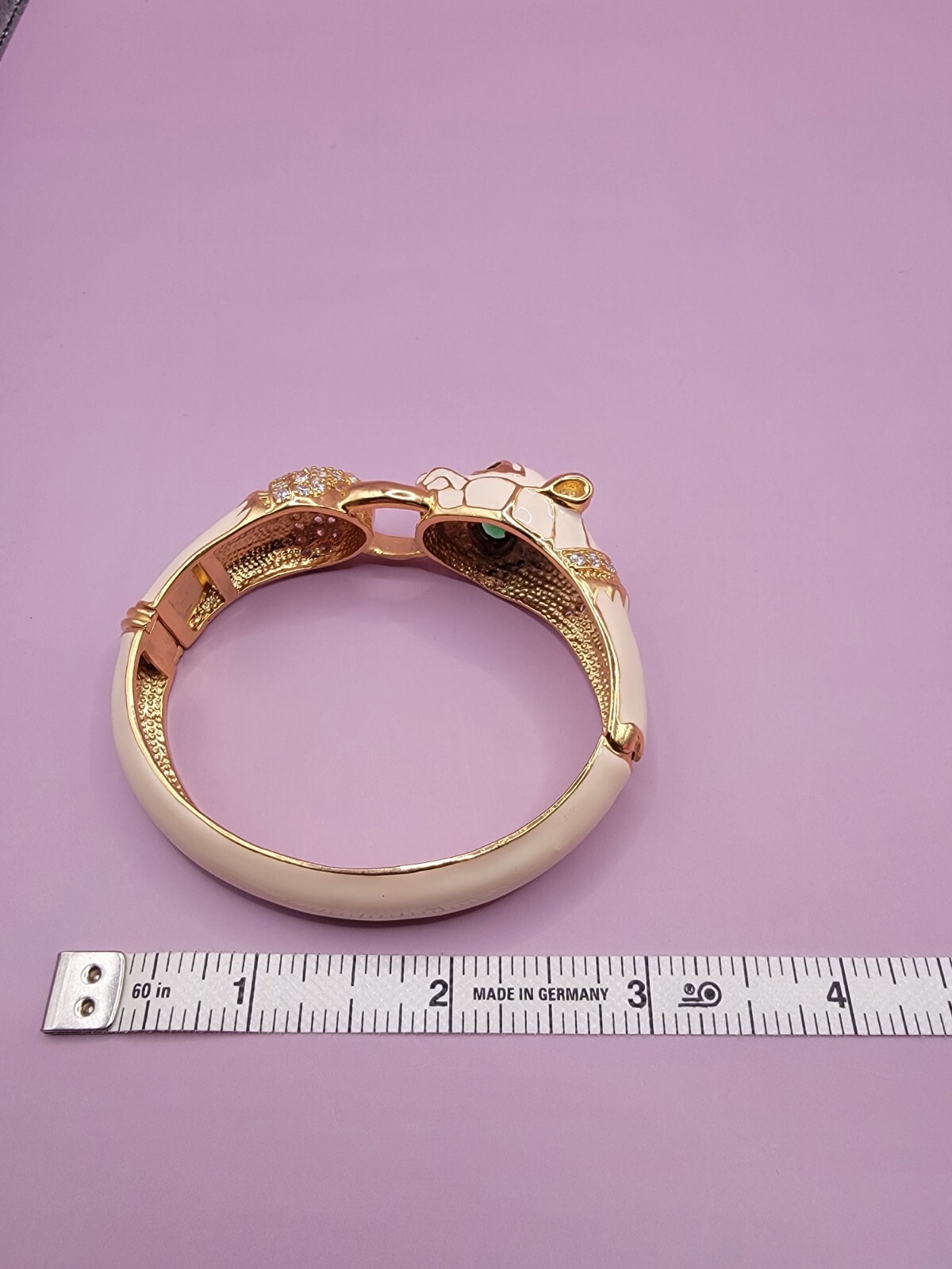 Vintage NOIR Ivory Enamel and Gold Tone PANTHER Head Clamper Bracelet