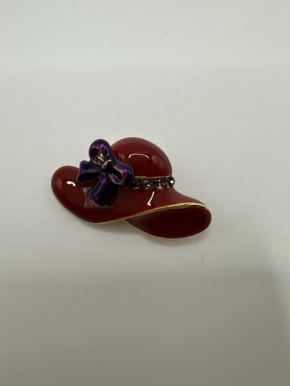 Red Enamel Purple Rhinestone Gold Tone Metal Hat Pendant 1”L