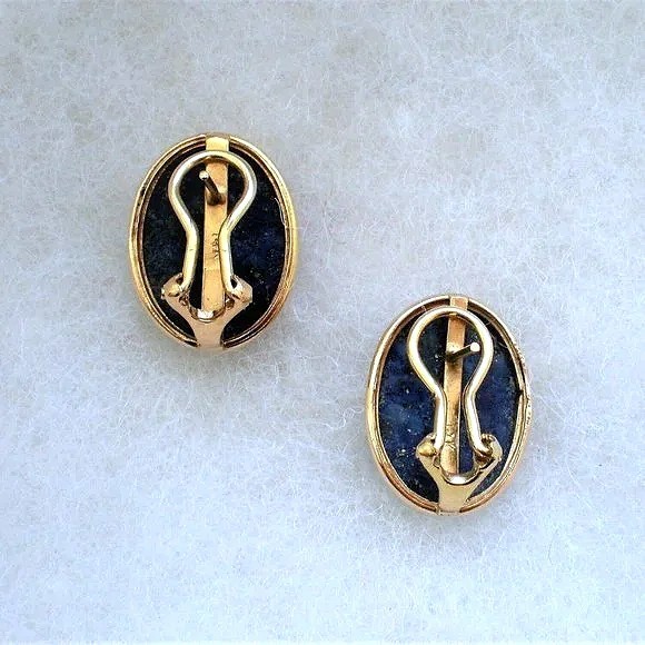 14K Yellow Gold 17.5MM x 14.75MM Lapis Lazuli Omega Back Pierced Earrings 9.3 g