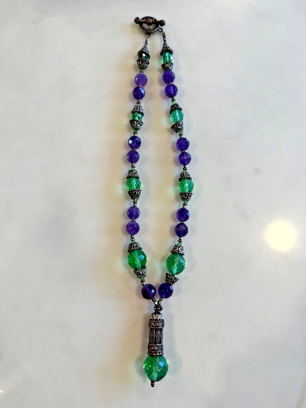 Vintage Sterling Necklace Boho Amethyst and Green Faceted Bead with Drop Crystal