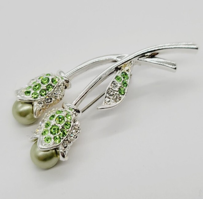 Vintage Flower Bouquet Brooch Green Faux Pearls Silver Tone Crystal Accent