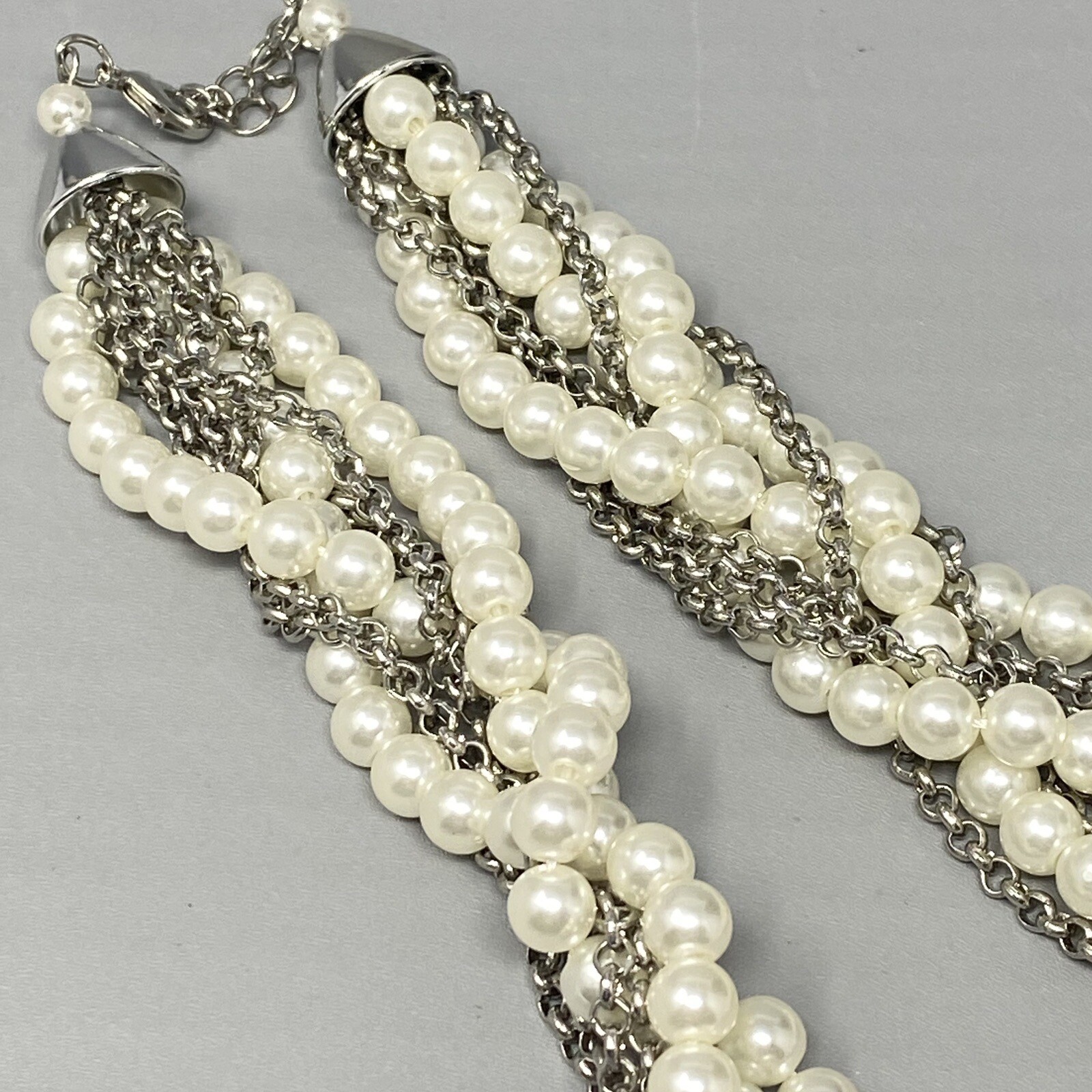 Sugarfix Baublebar Necklace Torsade Imitation Pearl Silver Tone Chain Twist 21″