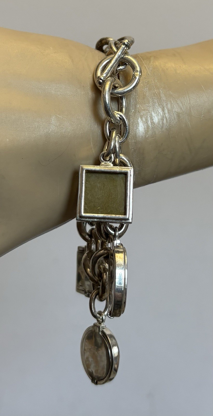 Vintage Photo Locket Charm Bracelet Silverplated Toggle 8” Heart Oval Square 6P