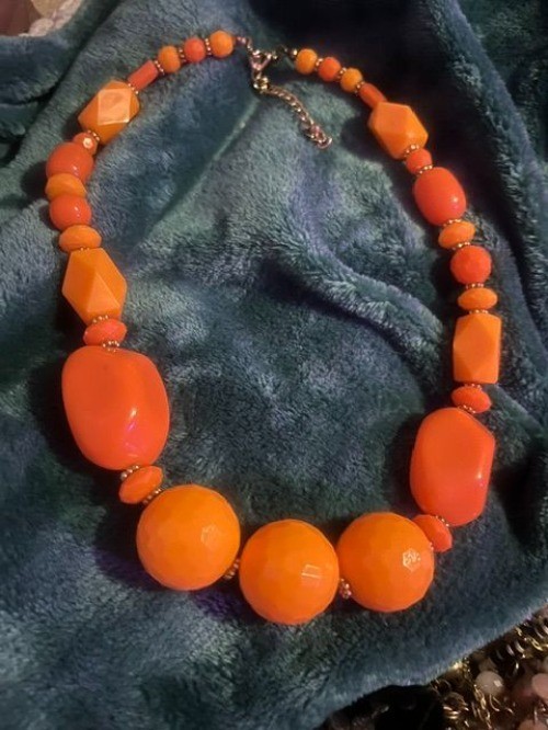 Vintage Orange Beaded Chunky Statement Necklace With Gold-Tone Accents