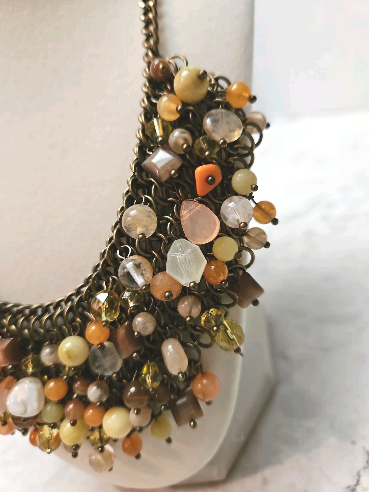 Vintage Coldwater Creek Cha Cha Bib Necklace Boho Beads Copper Tone Mesh Chain