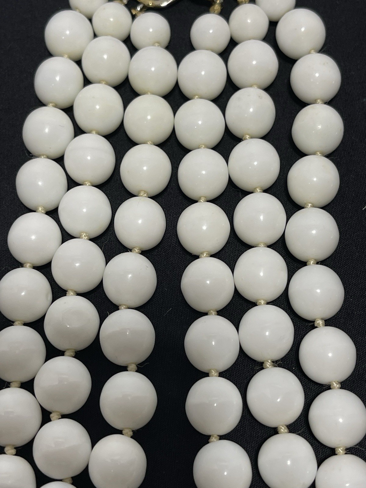 Vintage Les Bernard 3 Strand Hand Knot White Milk Glass Beaded Choker Necklace