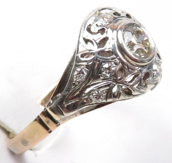 Victorian Edwardian 14KY Silver Diamond Engagement Ring Size 7 UK-N1/2 EGL USA