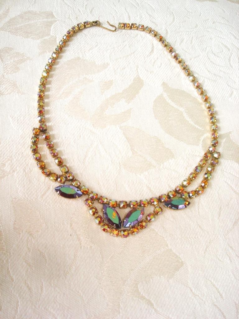 Vintage Choker Necklace Amber AB and Iridescent Rhinestones 15 1/4 in. KJ