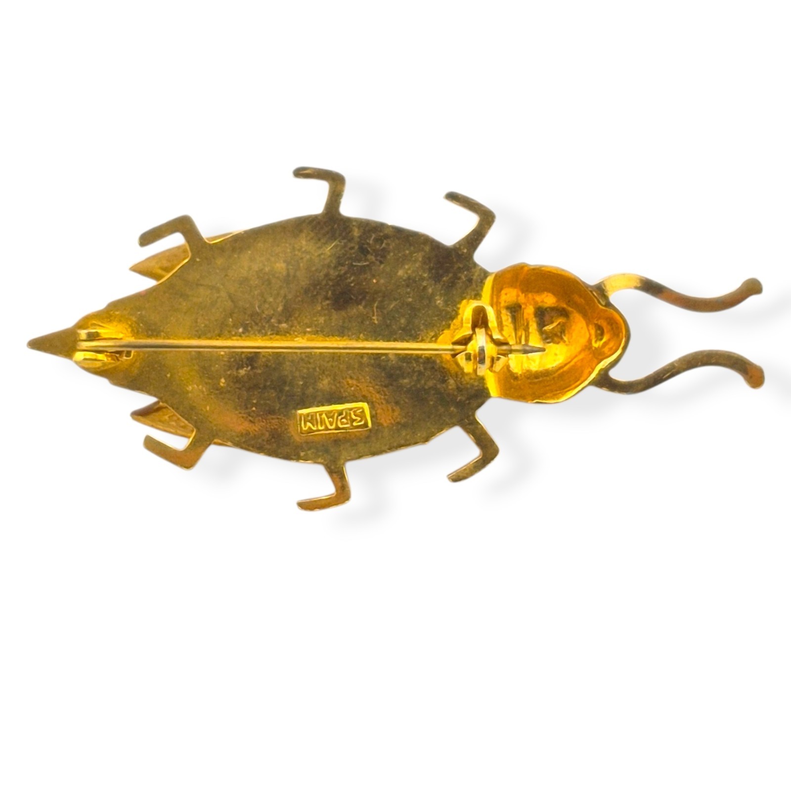 Vintage Spanish Damascene Beetle Bug Brooch Pin Fixed Wings Faux Pearl Spain