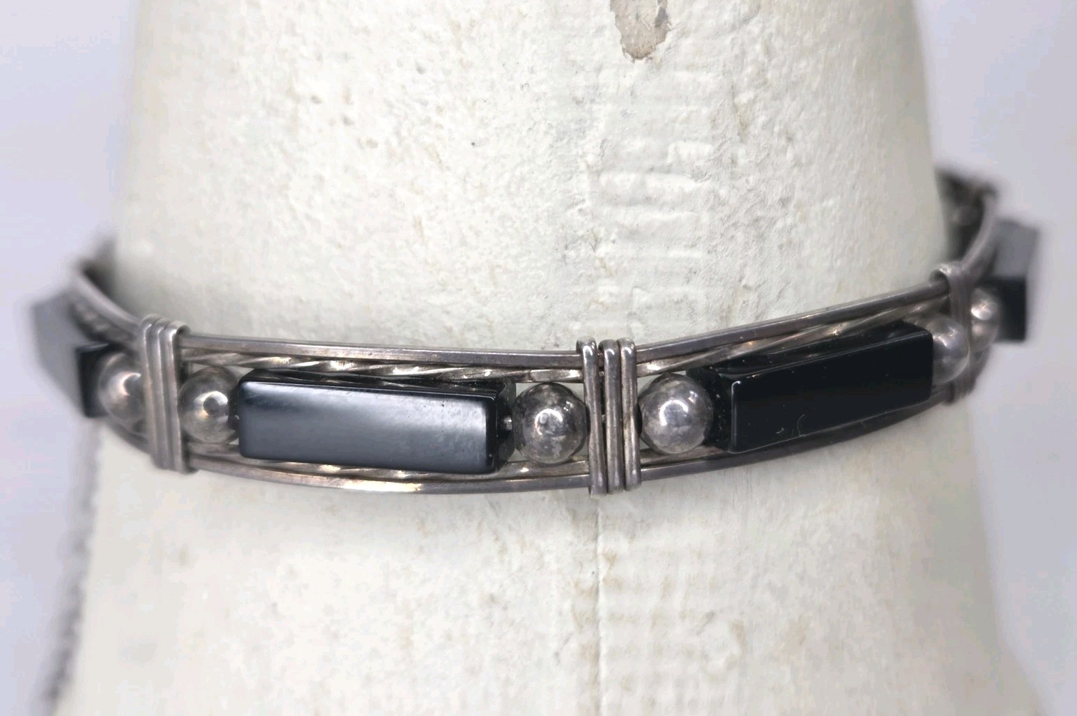Vintage Sterling Silver Black Onyx Wire Wrapped Link Bracelet