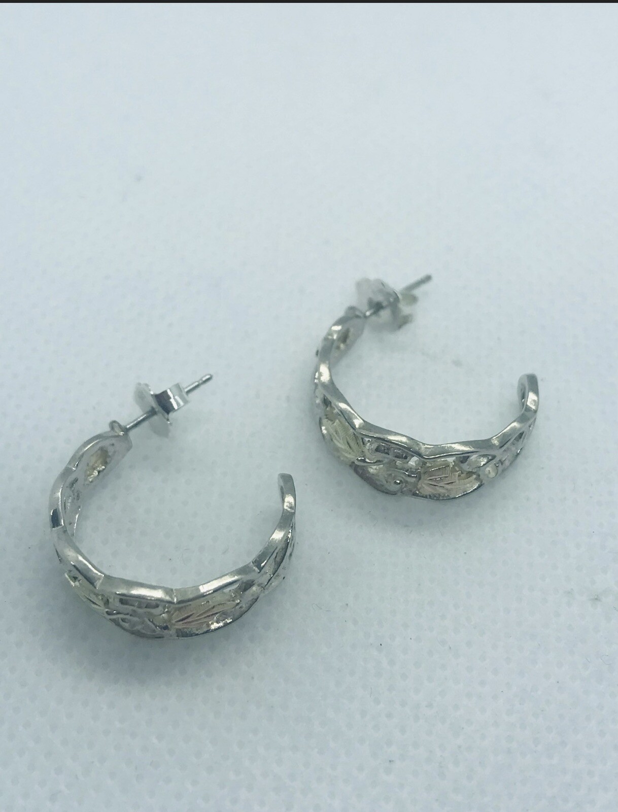 Vintage 9Karat Yellow & Rose Gold Silver Leaf Half Hoop Push Back Earrings