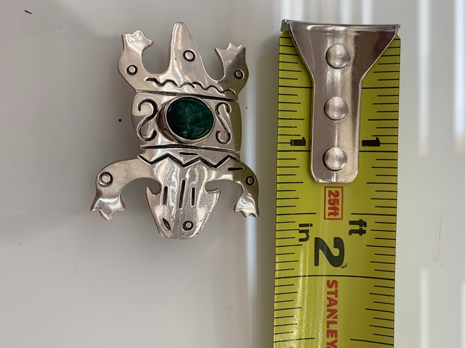 FORBES 925 Sterling Silver Vintage Pre-Columbian Deity Brooch Pin Green Stone