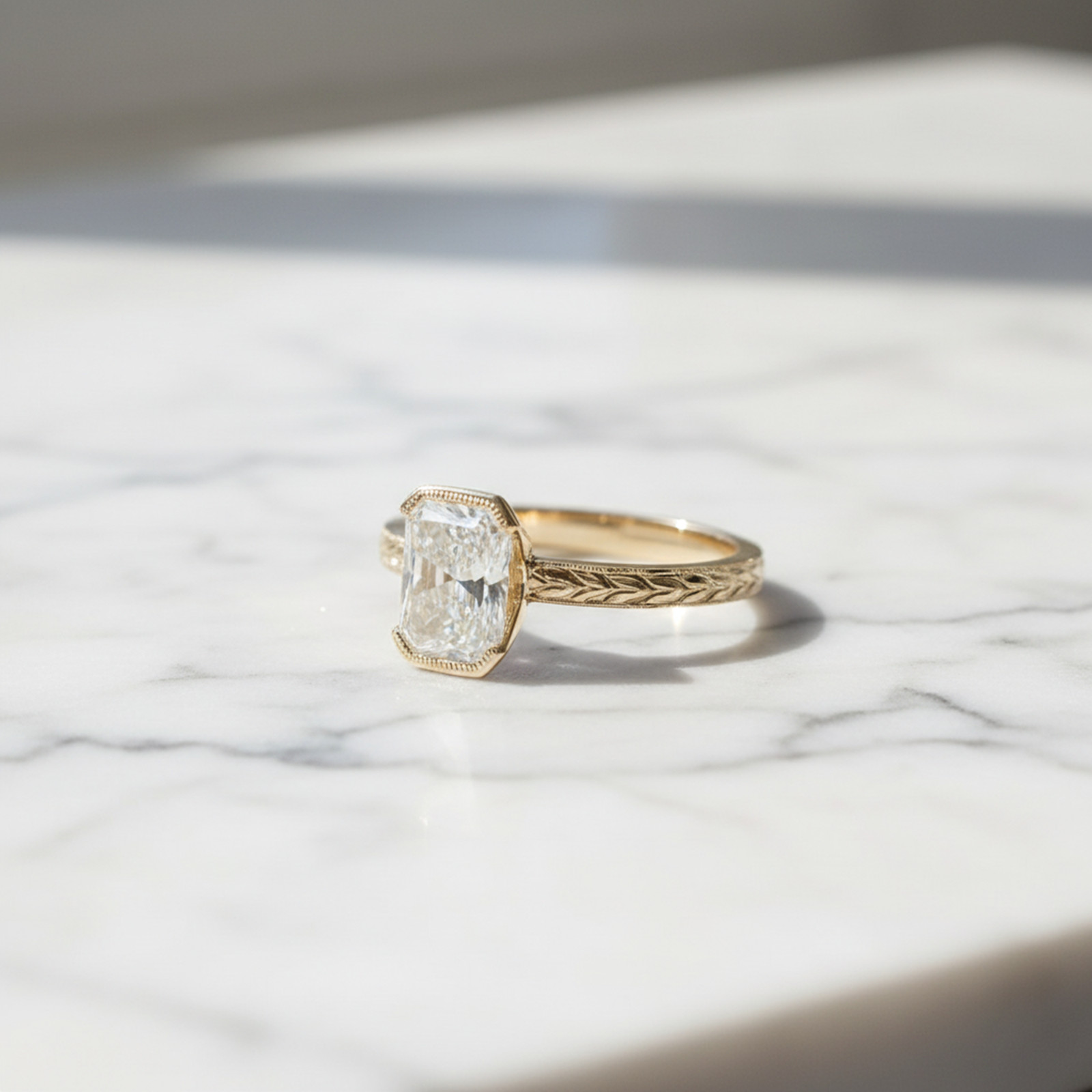 Solitaire 1.74 Ct Radiant Moissanite Stone Vintage Style Engraved Wedding Ring