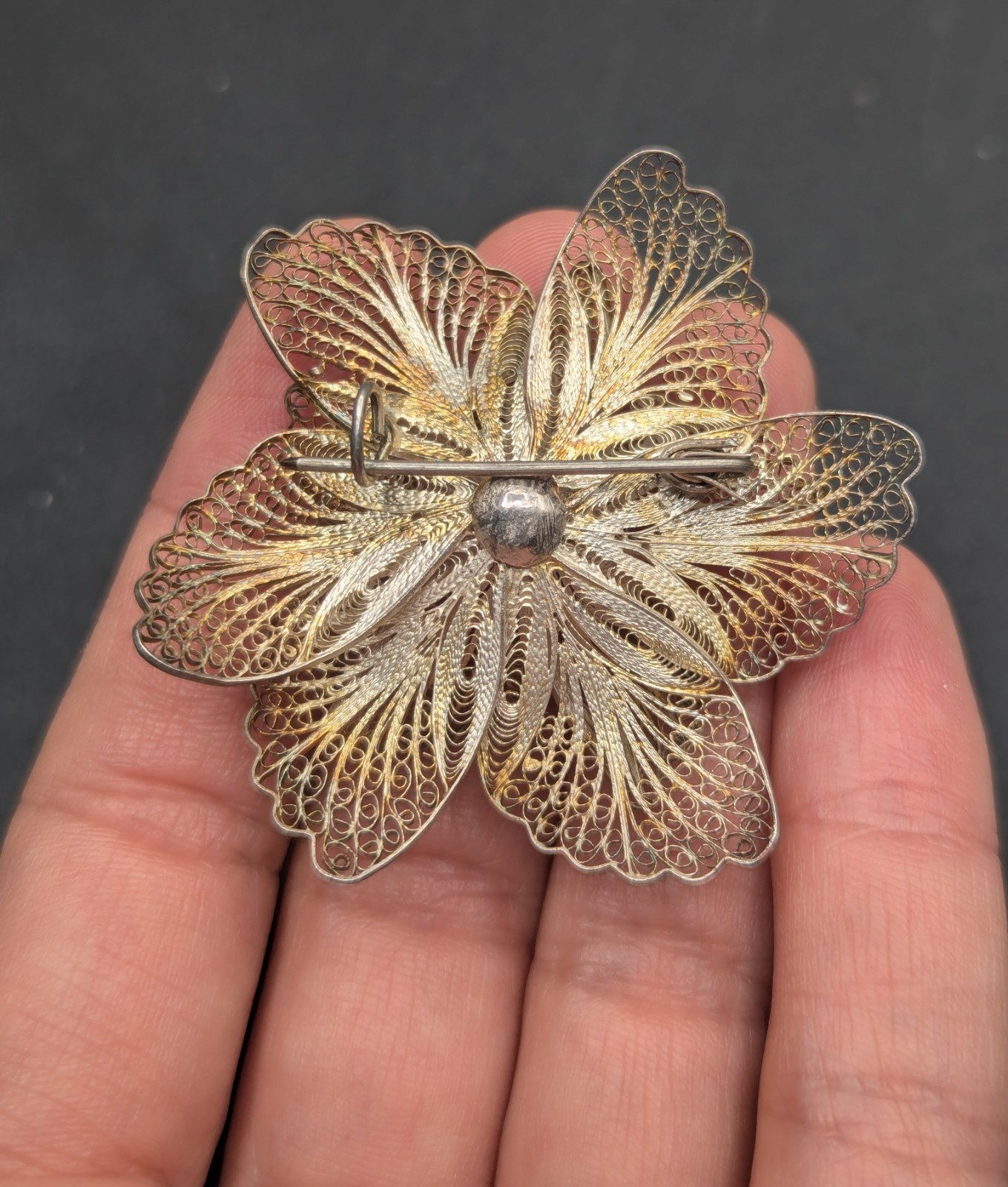 Vintage Silver Cannetille Filigree Layered Flower Brooch Pin C Clasp