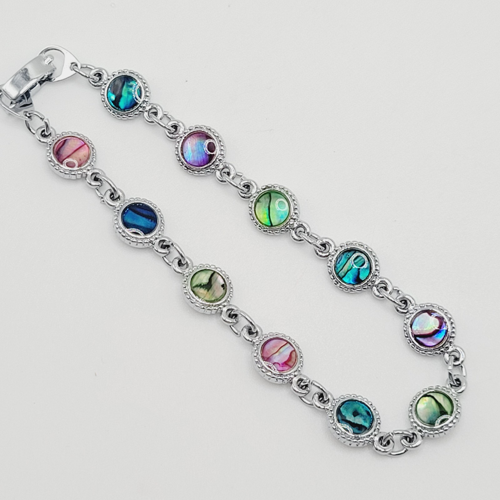 Signed SJ Colorful Paua Abalone Shell Silver Tone Link Vintage Bracelet 7.25 in