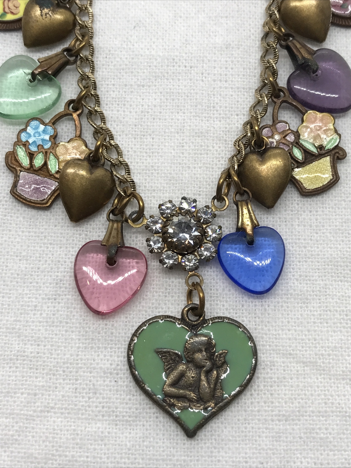 Vintage Glass Works Studio Glass & Brass Charms in Multi Colors Necklace 18