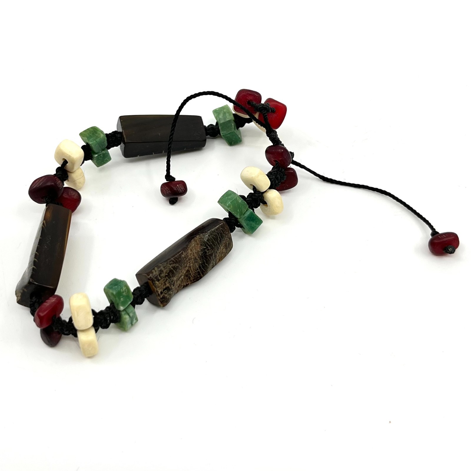 Vintage Boho Mixed Stone & Wood Beaded Adjustable Cord Bracelet – Earthy Multi