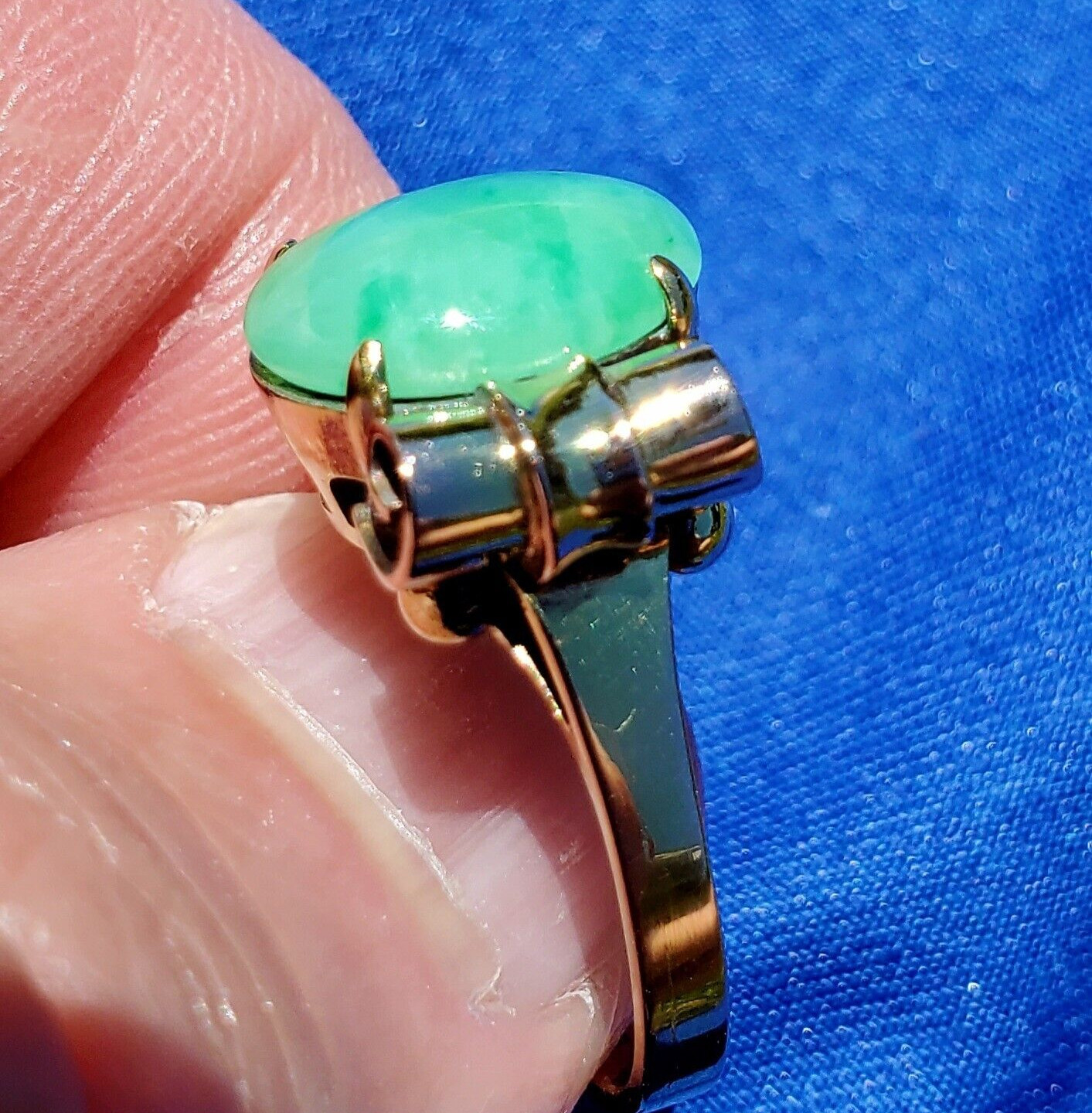 Original EARTH MINED Green Jadeite Jade Antique Engagement Ring SOLID 14K GOLD 8