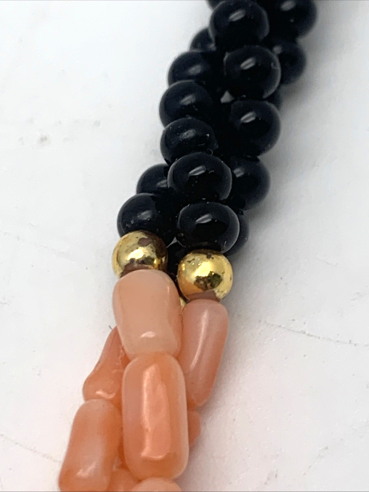 Vintage Twisted 3 Strand Coral & Onyx Beaded 30″ Necklace