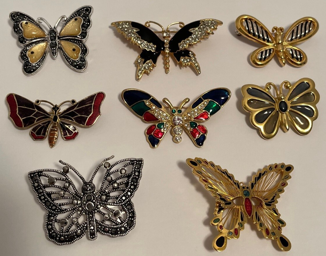 Butterfly Costume Jewelry Enamel Rhinestones Brooches Qty 8 Excellent