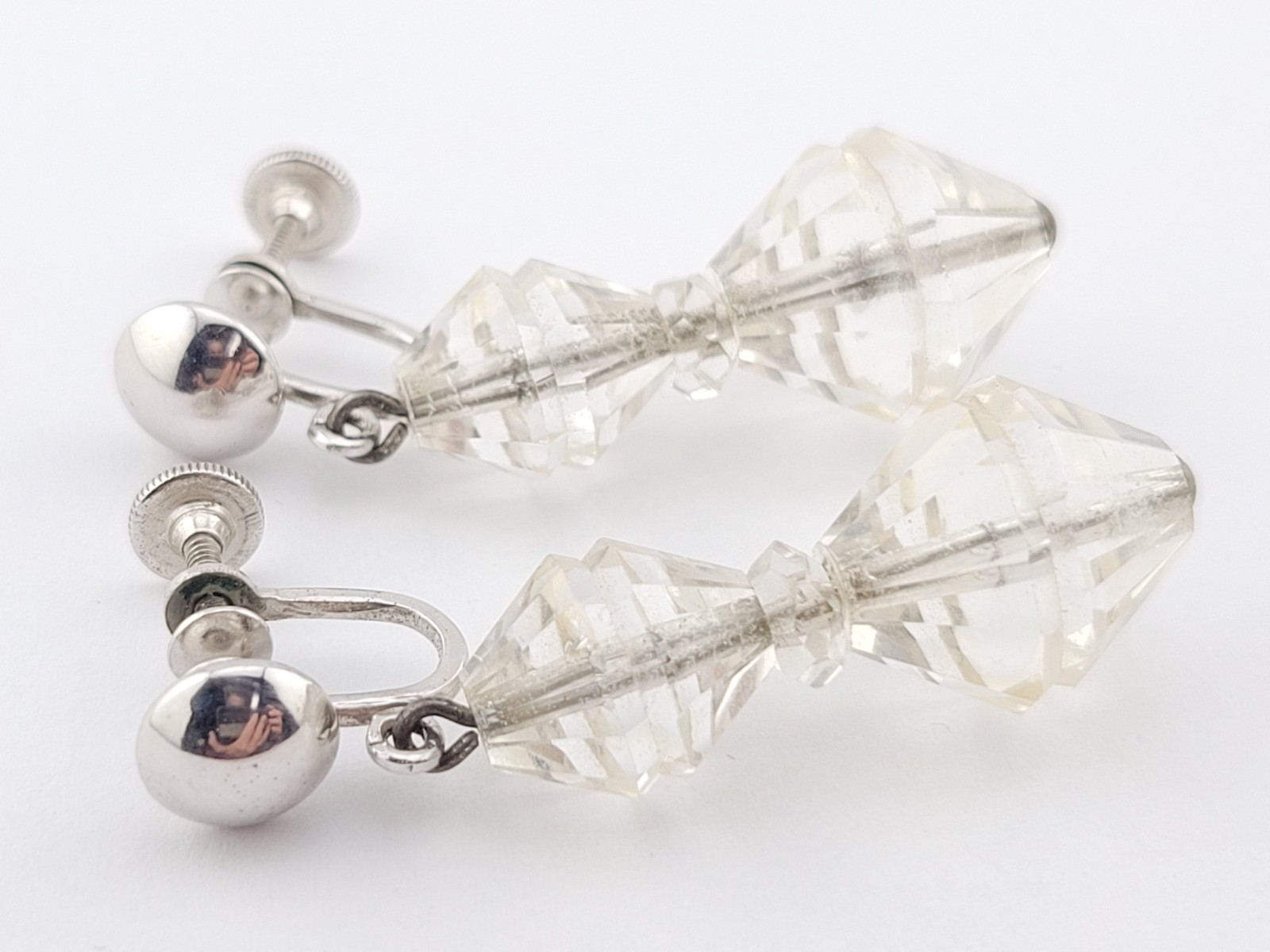 Signed BB Faceted Rock Quartz Crystal Bead Sterling Silver Chandelier Earrings