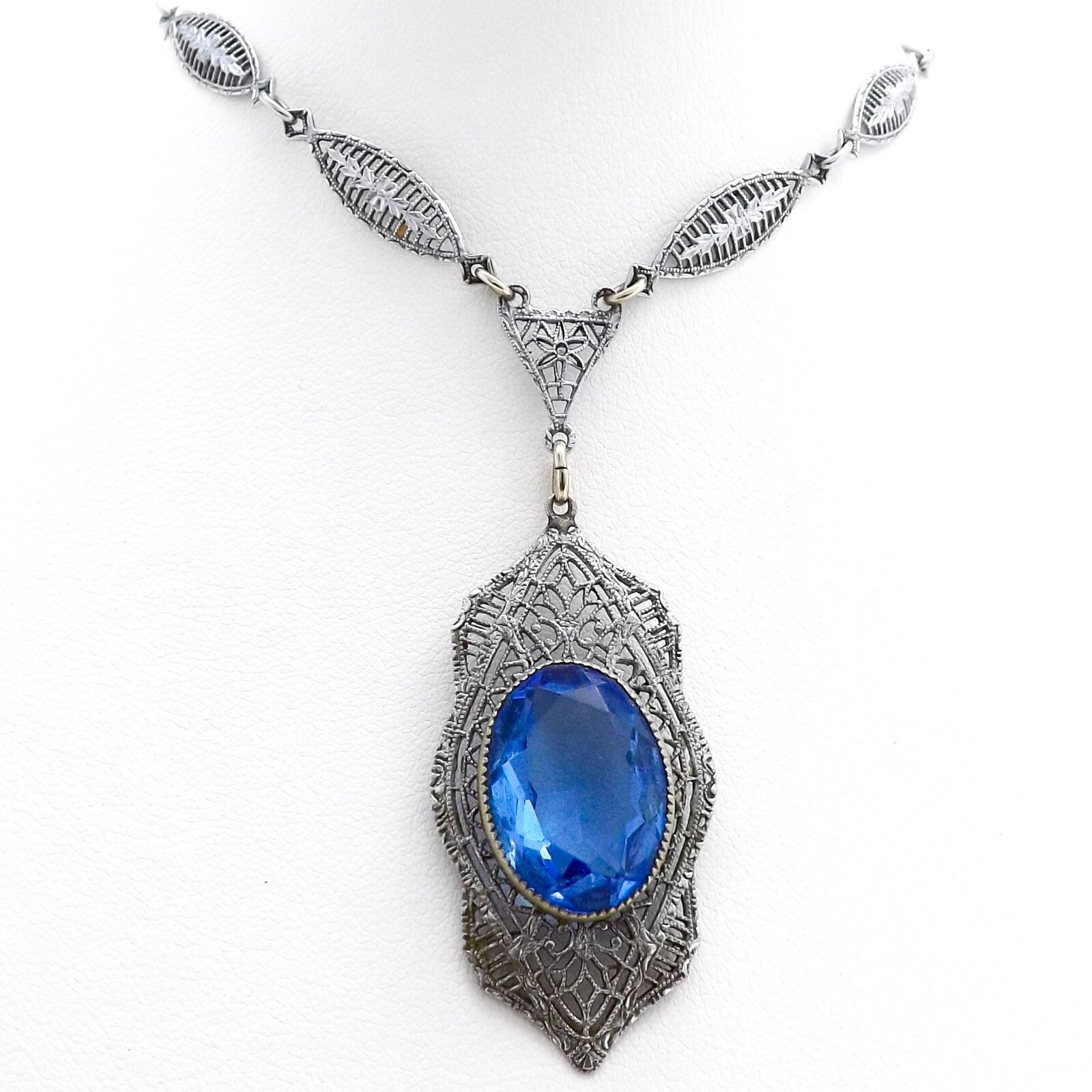 Art Deco Rhodium Blue Glass Pendant Necklace 15 To 17in