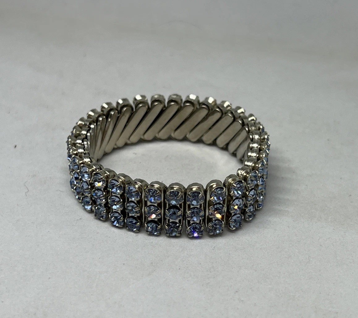 Vintage Expanding 3 Row Light Blue Rhinestone Bracelet Extra Small 5” Inside