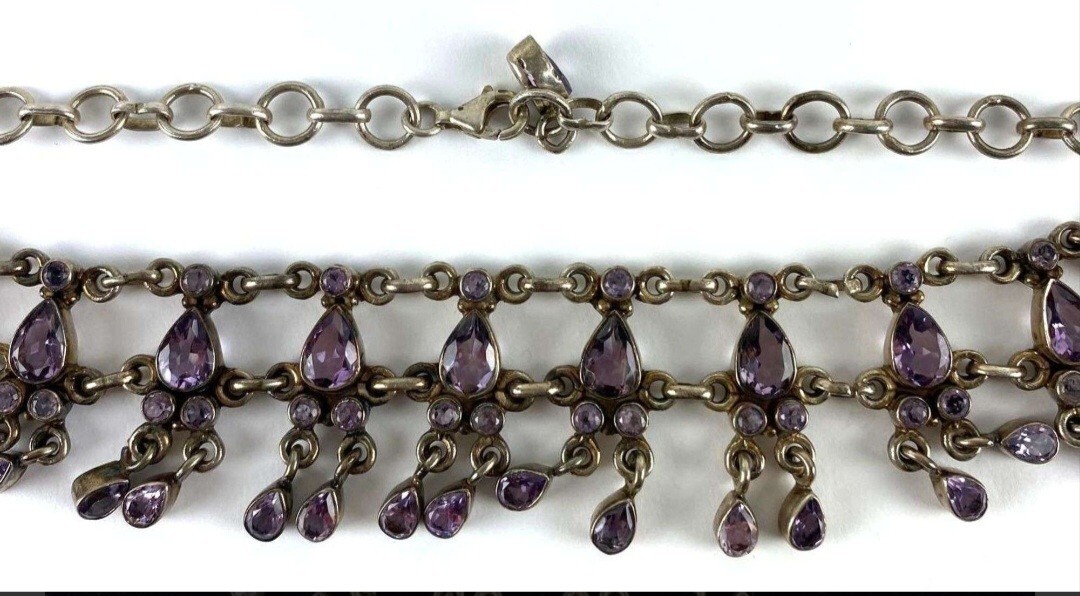Vintage Sterling Silver Amethyst Necklace 16 1/2 in 56.0g